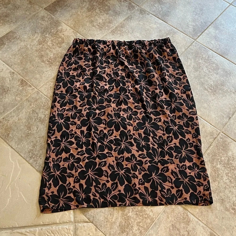 Flora Kung Vintage Silk Pull on Floral Midi Skirt Brown Black Size 14 mid rise